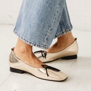 Either / Or Metallic Leather Square Toe Demi Ballet Flat Leather Gold 38